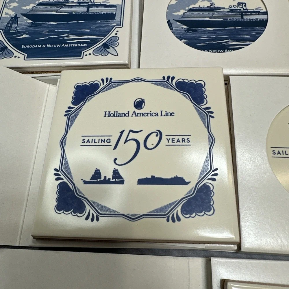 Lot of 8 Holland America Line Delft Blue Ceramic Tile Coasters Cork #4
